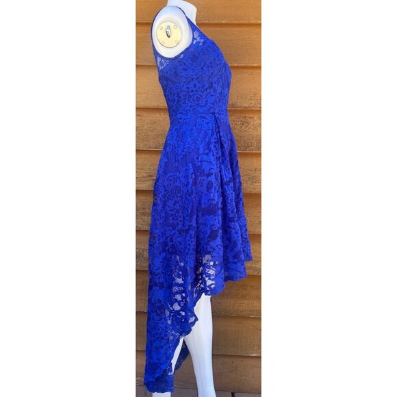 Round Neck Sleeveless Blue Lace Dress With High-Low Hemline & Stretch Fabric Siz - Picture 7 of 9